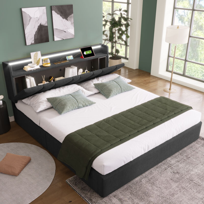 foto del prodotto letto contenitore letto matrimoniale per adulti 160 x 200 cm con ricarica usb e illuminazione a led. grigio. senza materasso