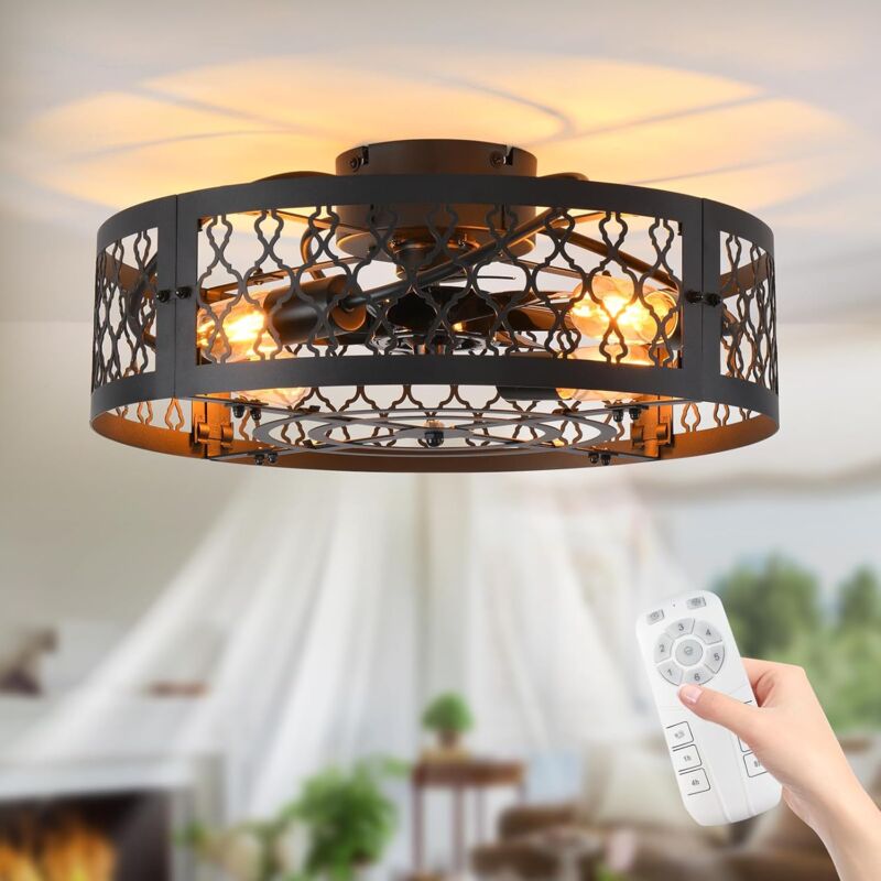 foto del prodotto ganeed plafoniera con ventilatore stile industriale ventilatore da soffitto fattoria 50cm illuminazione gabbia in metallo opaco e27 montaggio a