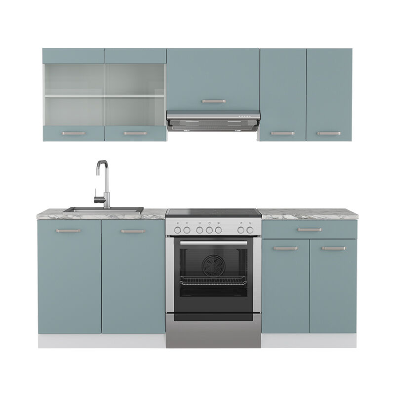 foto del prodotto cucina componibile r line, blu grigio bianco, 200 cm senza piano di lavoro, vicco