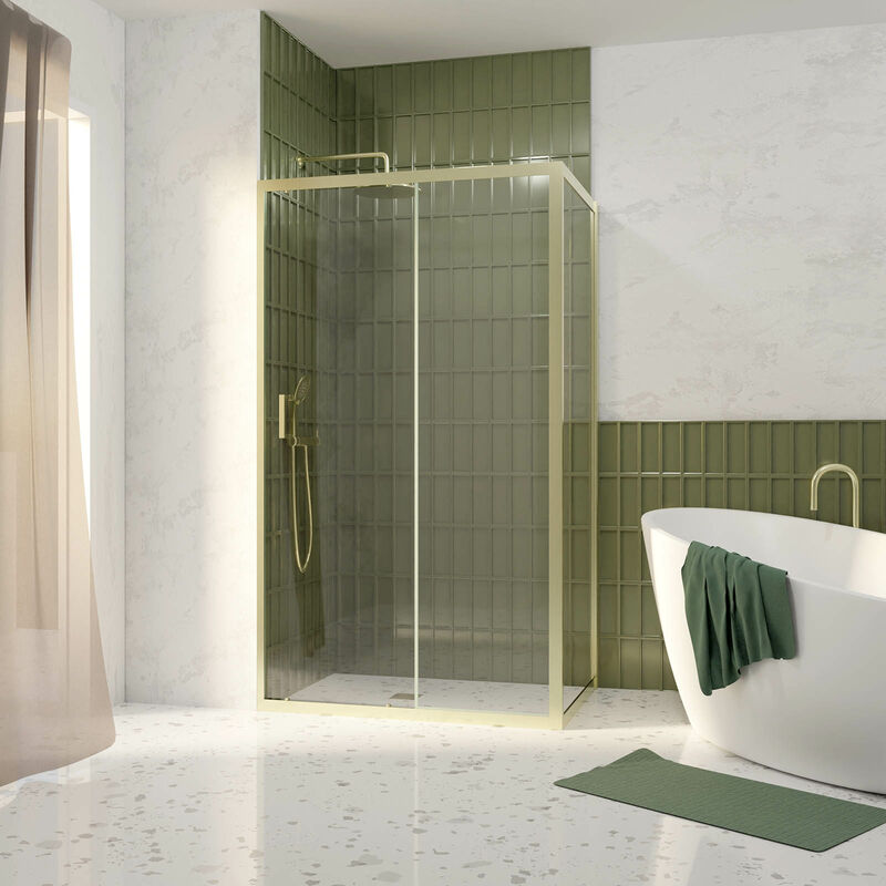 foto del prodotto porta doccia scorrevole 120x200cm e parete laterale fissa 80cm finitura oro spazzolato vetro 6mm