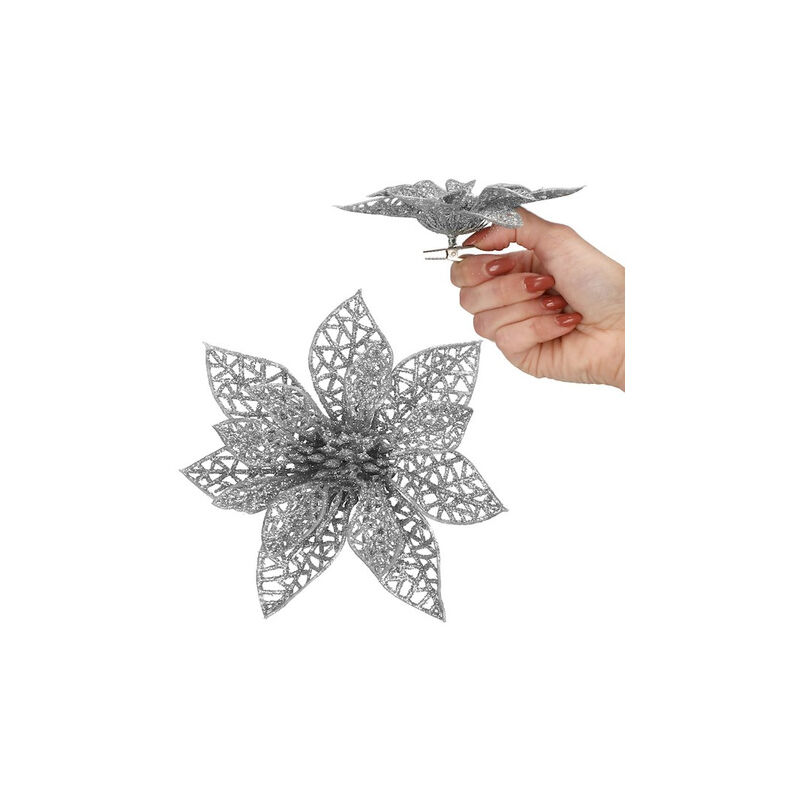 immagine 0 del prodotto fiore artificiale, stella di natale traforata, argento in glitter