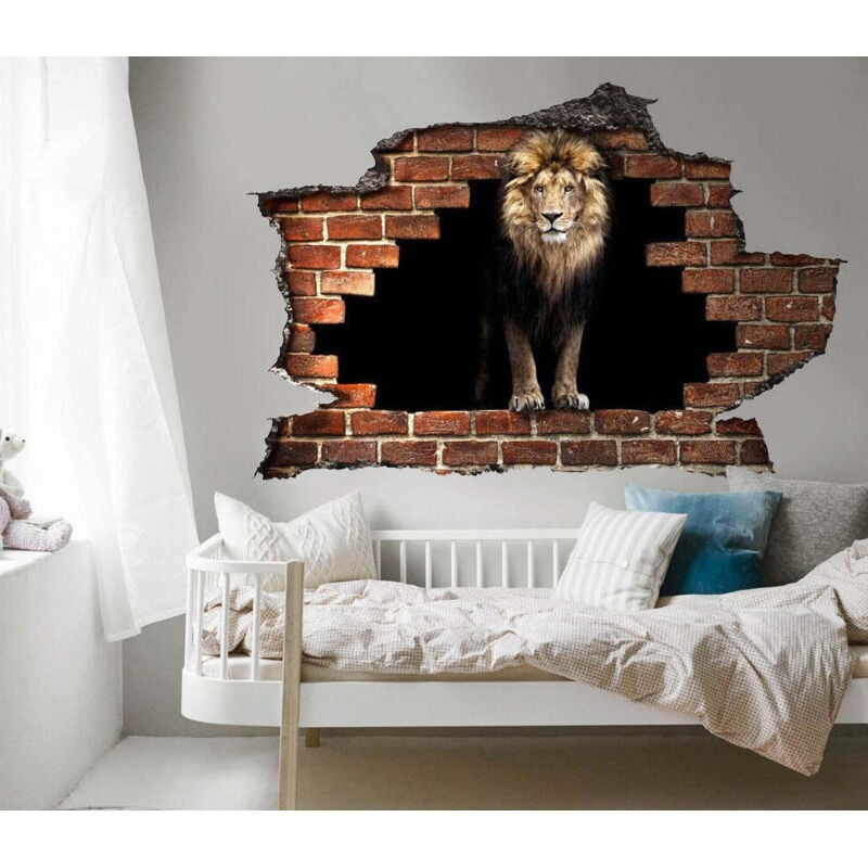 foto del prodotto adesivo parete leone effetto 3d foro su mattoni wall sticker adesivo per muro leone misura 150x100 cm