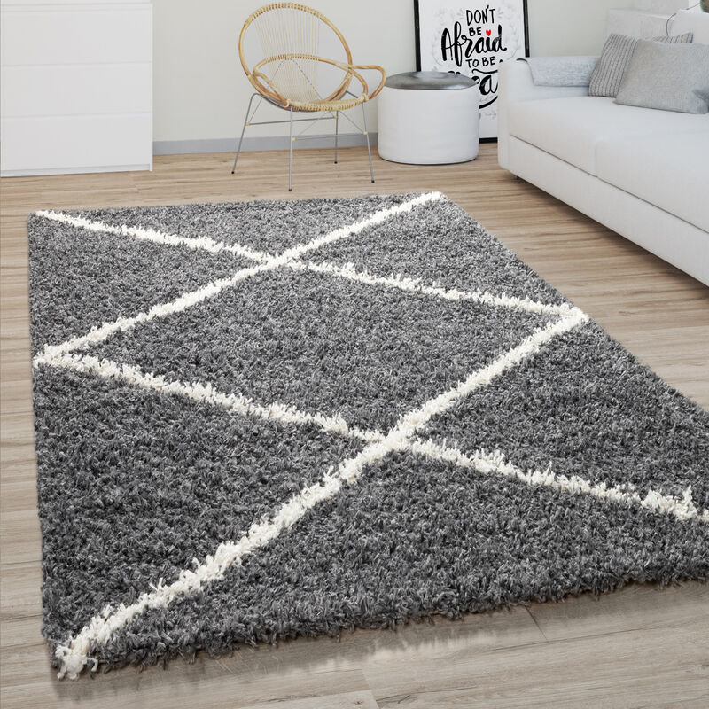 foto del prodotto paco home tappeto per soggiorno a pelo alto shaggy motivo a rombi scandinavo, moderno grigio scuro 160x220 cm