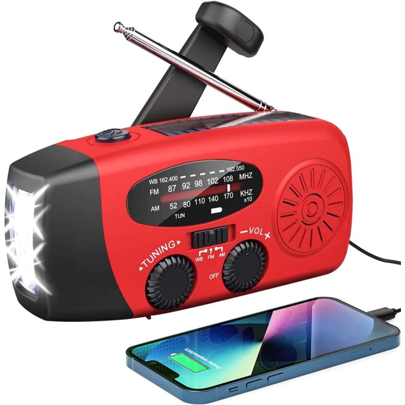 foto del prodotto fortuneville radio di emergenza ad energia solare, radio a manovella autoalimentata con torcia a led, radio meteorologica am fm wb con batteria