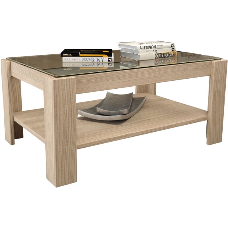 foto del prodotto webmarketpoint tavolino da soggiorno con ripiano in vetro colore olmo h41x90x60cm