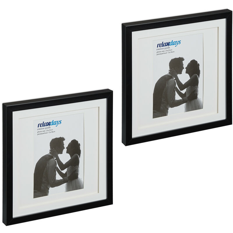 foto del prodotto relaxdays set da 2 cornici portafoto, 25x25 cm, porta foto e disegni, passpartout, quadrate, da muro e tavolo, nero
