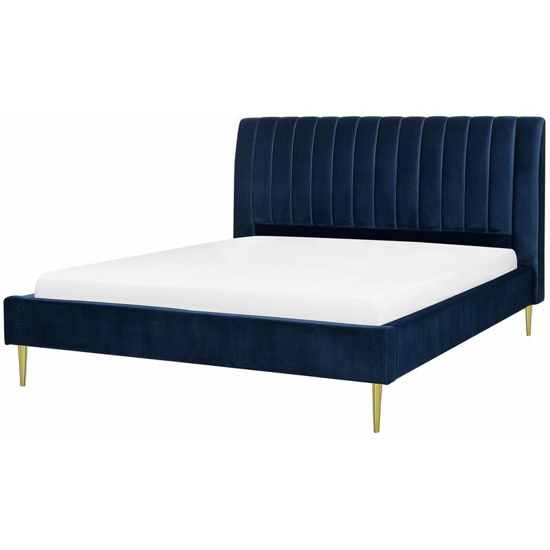 foto del prodotto letto imbottito velluto blu scuro e oro rete a doghe testiera alta 160 x 200 cm marville