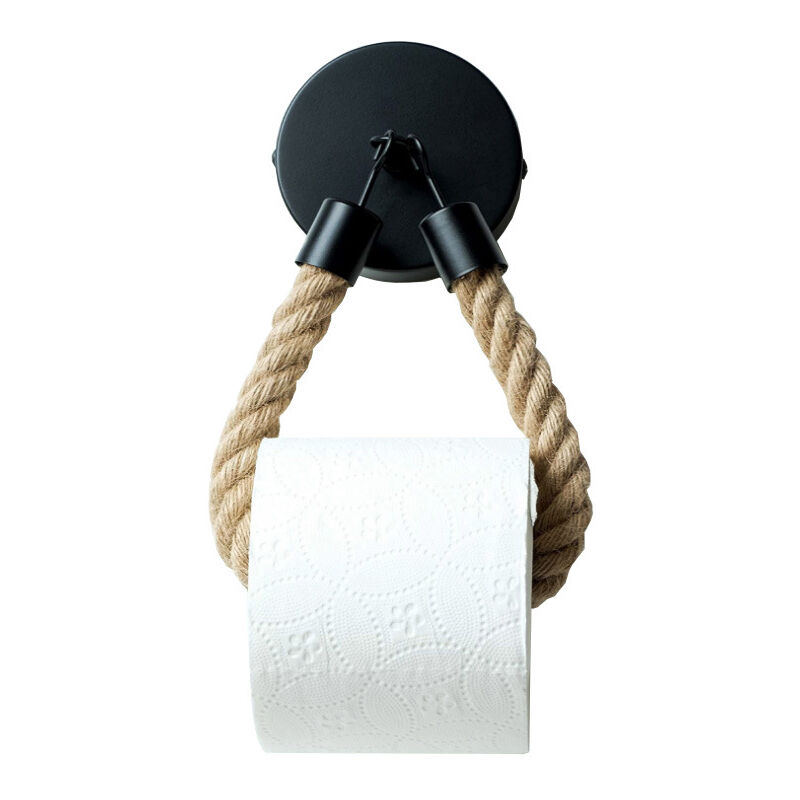 foto del prodotto fortuneville porta carta igienica, porta carta igienica quadrato nero opaco senza foratura con corda di canapa e gancio adesivo, decorazione bagno