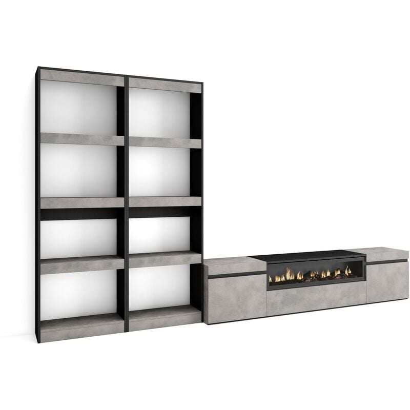foto del prodotto mobile soggiorno tv, parete attrezzata soggiorno, 320x186x35cm, per tv fino a 80 , camino elettrico, stile moderno, grigio cemento skraut home