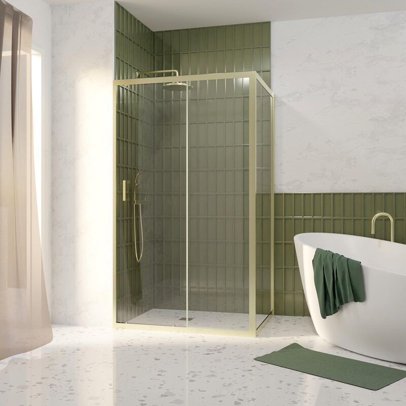 foto del prodotto porta doccia scorrevole 120x200cm e parete laterale fissa 90cm finitura oro spazzolato vetro 6mm