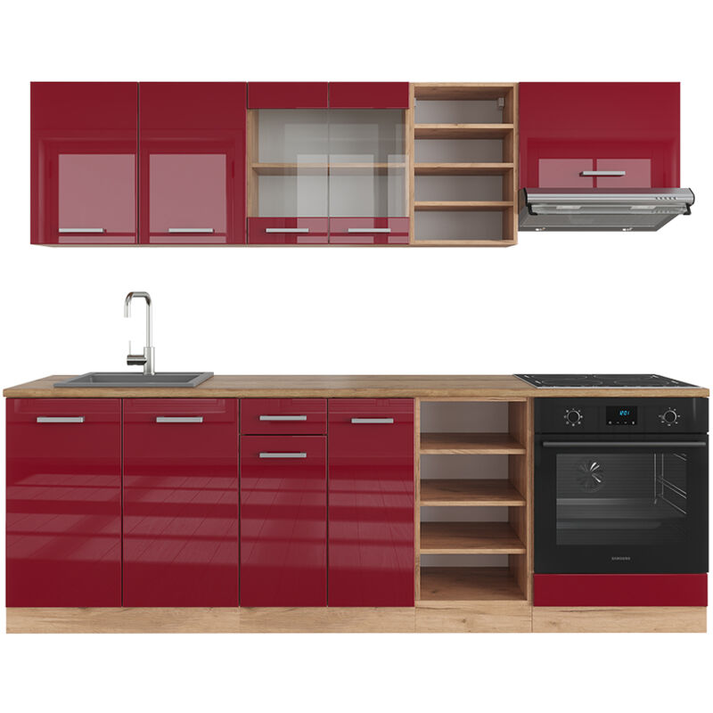 foto del prodotto cucina componibile r line, bordeaux lucido rovere dorato, 240 cm senza piano di lavoro, vicco