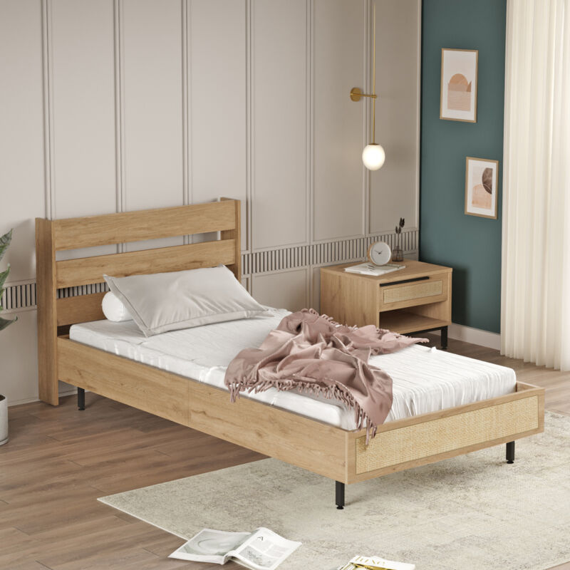 foto del prodotto struttura letto singolo kv nangen 100x200 cm testiera alta effetto rovere en.casa 