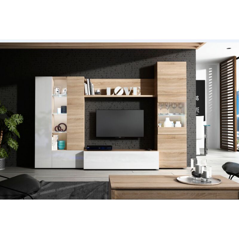 foto del prodotto parete attrezzata porta tv 260 cm bianco lucido e rovere chiaro ostenda
