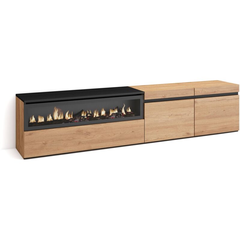 foto del prodotto mobile tv soggiorno, ampio spazio a disposizione, 200x45x35cm, per tv fino a 80 , camino elettrico, stile moderno, rovere e nero skraut home