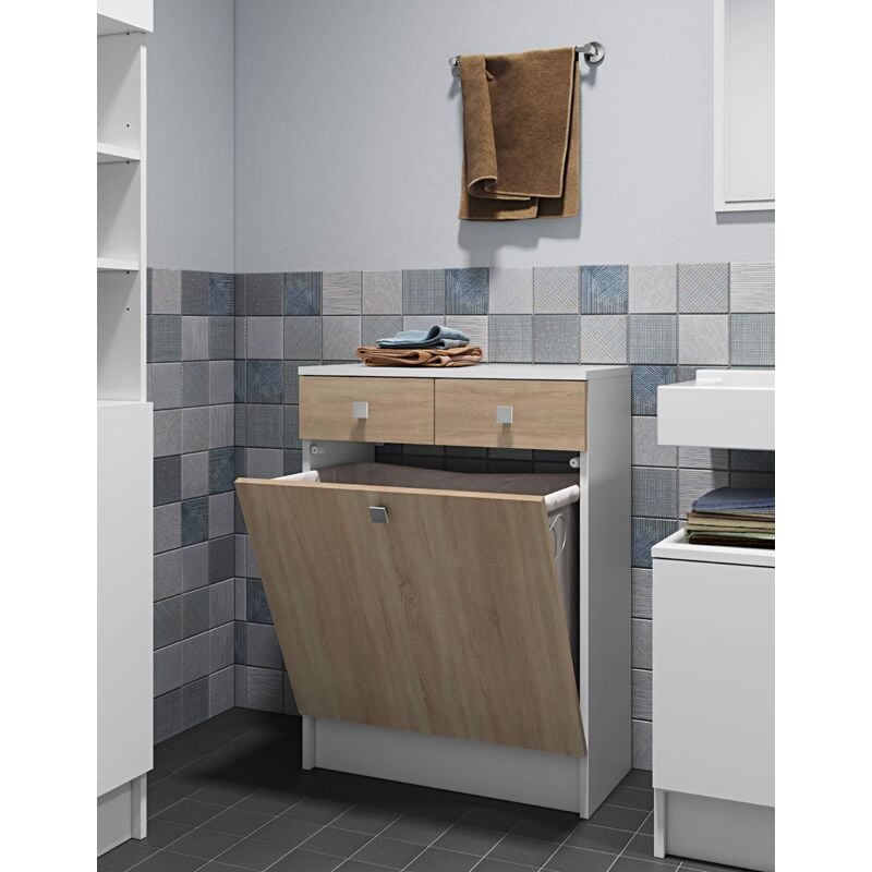 foto del prodotto symbiosis combi portabiancheria da bagno mobiletto basso, bianco e rovere naturale 60x29.6x81.5 cm