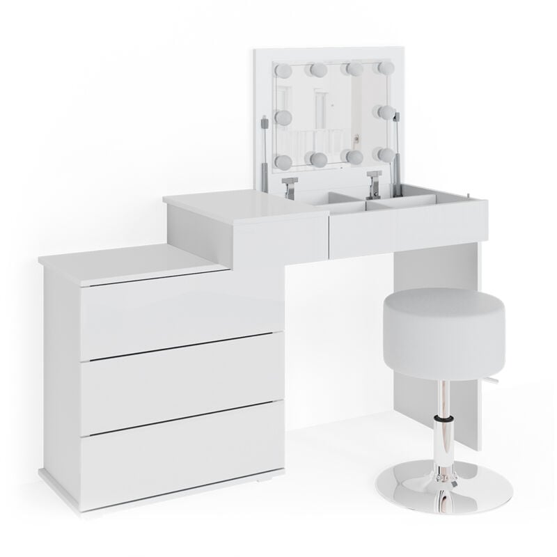 foto del prodotto tavolo da toeletta lotos, bianco, 117.4 cm con illuminazione led e sgabello vicco