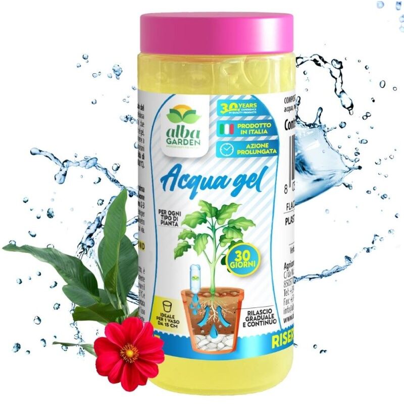 foto del prodotto albagarden acqua gel innovativo, idratante nutriente, biologico, per piante assicura umidit costante del terreno fino a 30 giorni rilascio