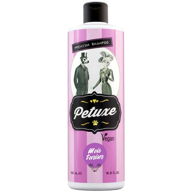 foto del prodotto shampoo vegano idratante petuxe. shampoo vegano per cani. shampoo per animali domestici. mantelli lunghi e lisci. potere lavante, idratante e