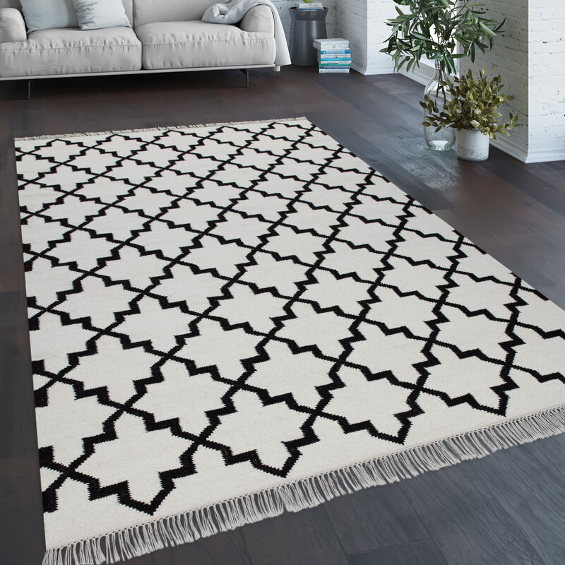 foto del prodotto paco home tappeto per soggiorno motivo marocchino frange intessuto a mano lana cotone bianco 60x110 cm