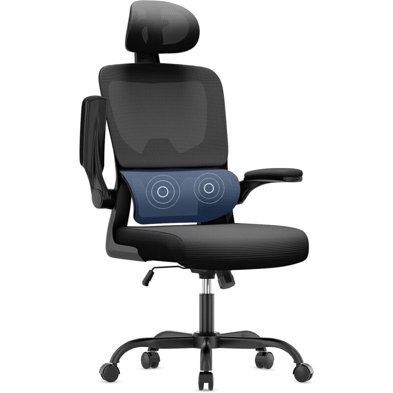 foto del prodotto naspaluro sedia ufficio ergonomica lombare, bigzzia sedia scrivania poggiatesta regolabile, braccioli ribaltabili, nero