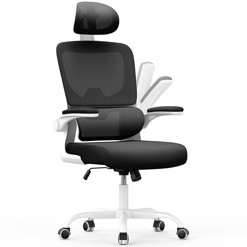foto del prodotto naspaluro sedia ufficio ergonomica lombare, bigzzia sedia scrivania poggiatesta regolabile, braccioli ribaltabili, bianco e nero