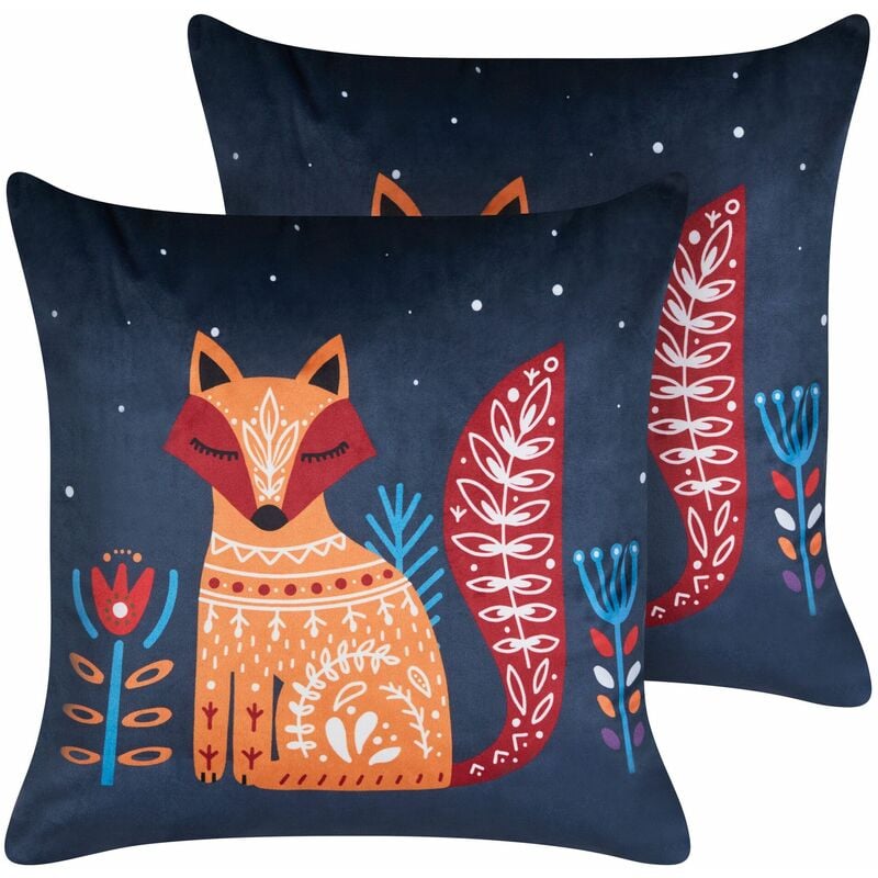 foto del prodotto set di 2 cuscini decorativi in velluto per bambini con copertura rimovibile e cerniera incorporata stampa animali volpe blu scuro firespike