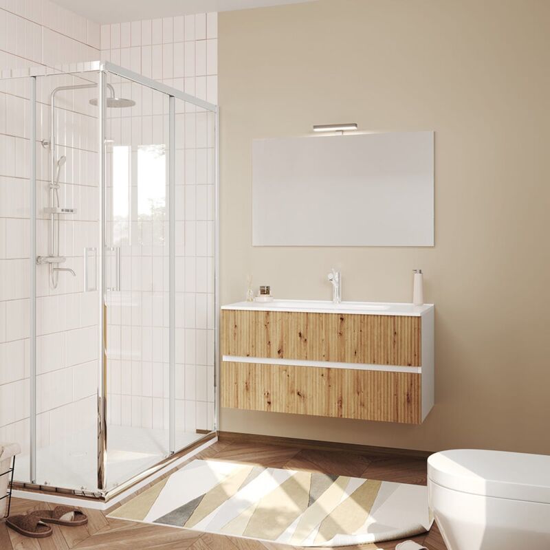 foto del prodotto kiamami valentina mobile bagno 100cm bianco frontale rovere cannettato, specchio 100x60 salina