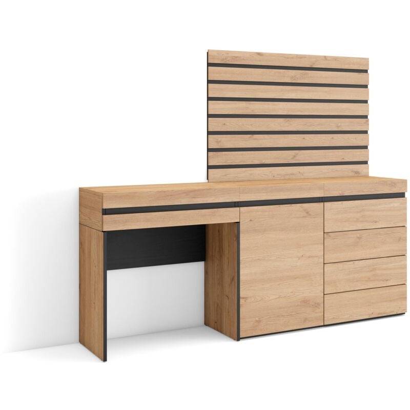 foto del prodotto tavolo da toeletta, tavolo da trucco, stoccaggio, 177x145x35 cm, con cassetto, cassettiera, pannelli decorativi, stile moderno, rovere skraut home