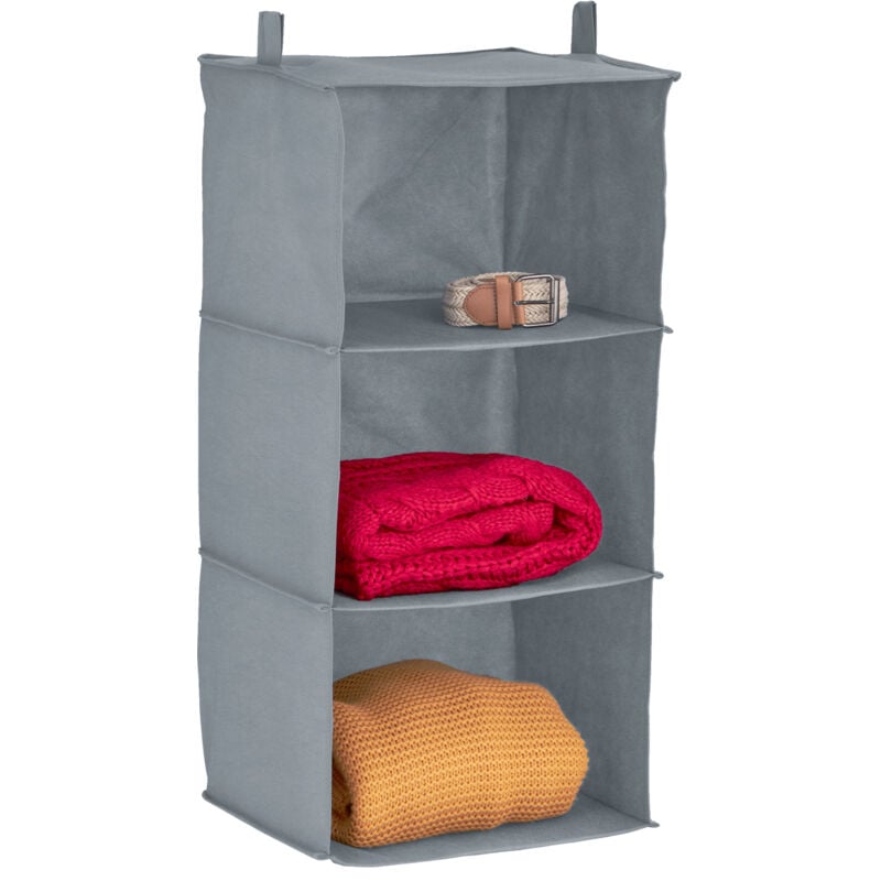 foto del prodotto organizer armadio da appendere salvaspazio, 3 ripiani, 70x30x30 cm, inserto porta vestiti campeggio, grigio relaxdays