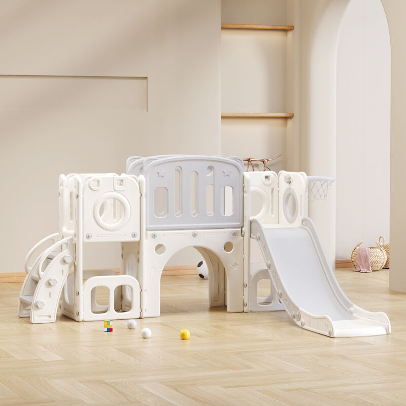 immagine 0 del prodotto scivolo 6 in 1 per bambini bears con uno scivolo, due piattaforme, due scomparti per armadietto a pavimento, canestro da basket e scale polietilene