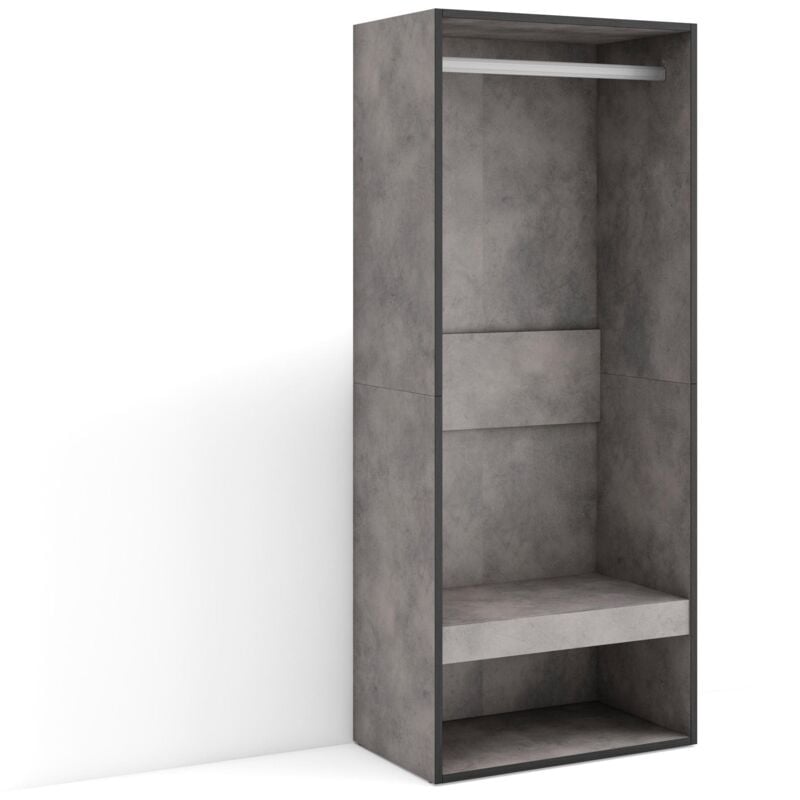 foto del prodotto armadio aperto, appendiabiti con ripiani, 60x145x35 cm, camera da letto, stanza, vestiti, scarpe, stile moderno, grigio cemento skraut home