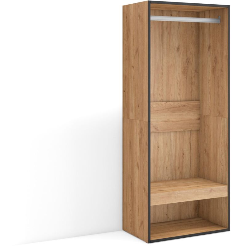 foto del prodotto armadio aperto, appendiabiti con ripiani, 60x145x35 cm, camera da letto, stanza, vestiti, scarpe, stile moderno, rovere skraut home