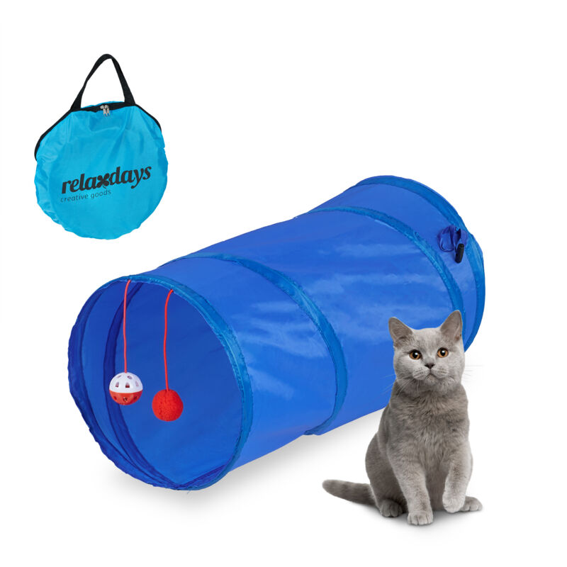 foto del prodotto relaxdays tunnel per gatti, lxd 50x25 cm, tubo cat toys con palline da gioco, anche conigli e porcellini d india, blu
