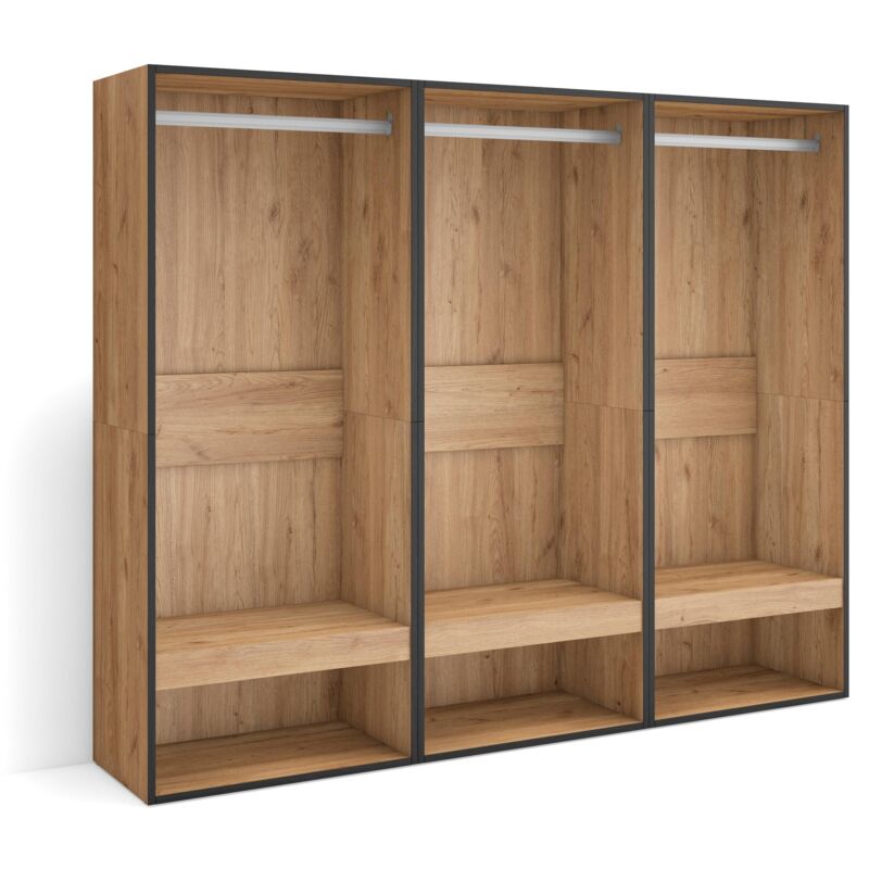 foto del prodotto armadio aperto, appendiabiti con ripiani, 180x145x35 cm, camera da letto, stanza, vestiti, scarpe, stile moderno, rovere skraut home