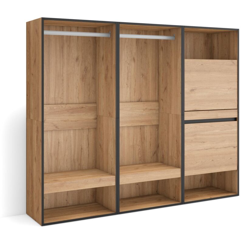 foto del prodotto skraut home armadio aperto, appendiabiti con ripiani, 180x145x35 cm, camera da letto, stanza, scarpiera, stile moderno, rovere