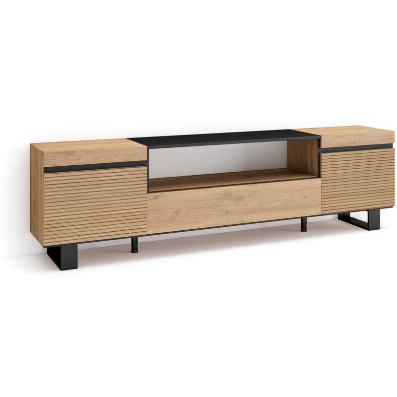 foto del prodotto mobile tv soggiorno, ampio spazio a disposizione, 200x57x35cm, per tv fino a 80 , design industriale, stile moderno, rovere skraut home