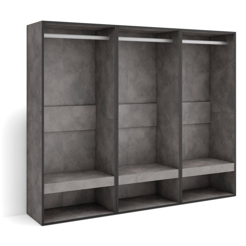 foto del prodotto armadio aperto, appendiabiti con ripiani, 180x145x35 cm, camera da letto, stanza, vestiti, scarpe, stile moderno, grigio cemento skraut home