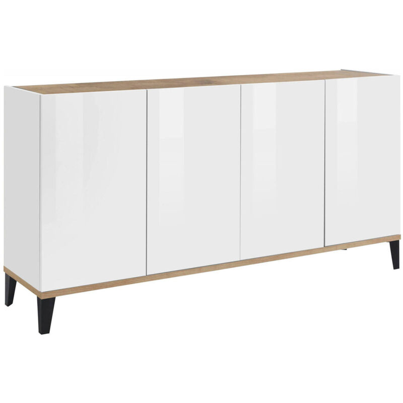 foto del prodotto credenza ashley, madia da cucina a 4 ante, buffet da soggiorno, 100 made in italy, cm 160x40h82, bianco lucido e acero dmora