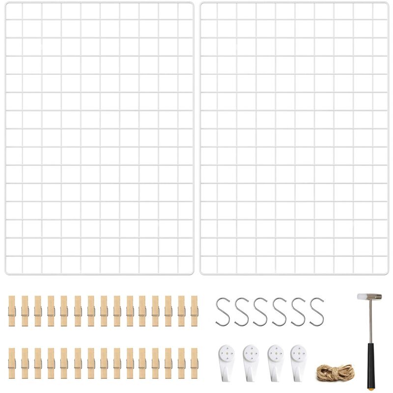 foto del prodotto songmics pannello griglia, set di 2 espositori foto a parete, 65 x 45 cm, decorazione in rete metallica, pannello multifunzione, fai da te, ganci a