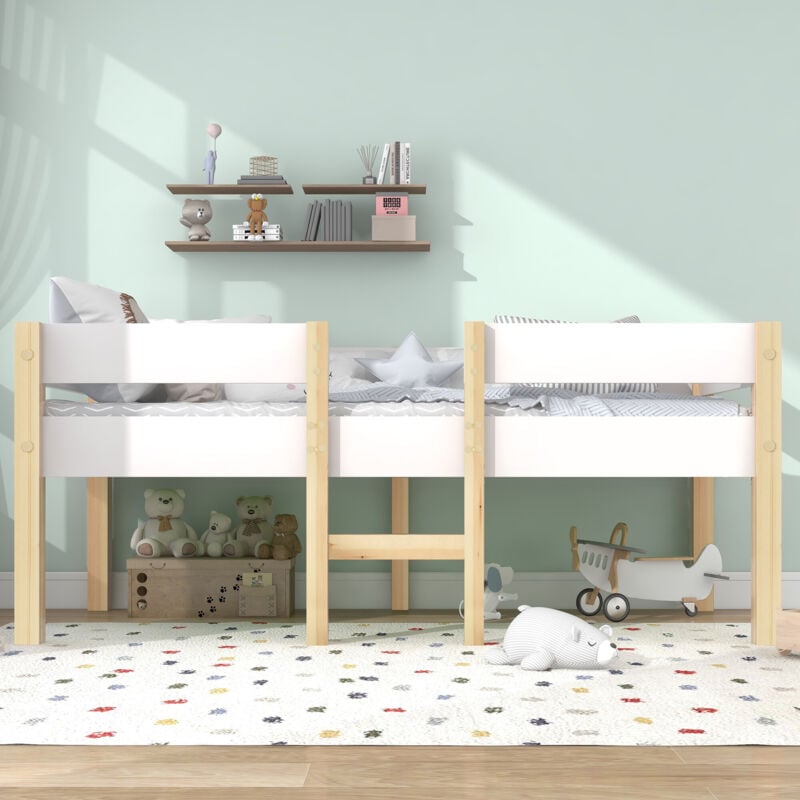 foto del prodotto letto per bambini con protezione anticaduta, legno di pino massiccio, 90x190 cm, bianco e rovere