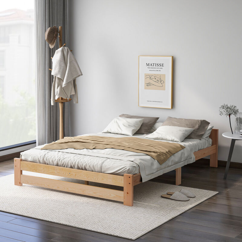 foto del prodotto letto matrimoniale per adulti, letto in legno massello naturale con testiera e rete a doghe, naturale 200x140 cm 