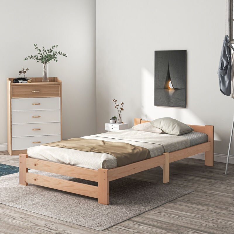 foto del prodotto letto futon in legno massello massello, letto in legno massello naturale con testiera e rete a doghe, naturale 200x90 cm 