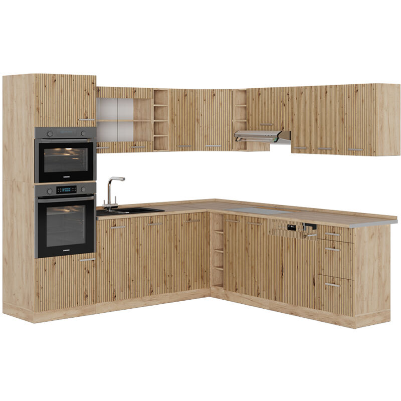foto del prodotto cucina angolare completa r line, rovere artigianale rovere goldkraft, 237 x 247 cm senza piano di lavoro, vicco