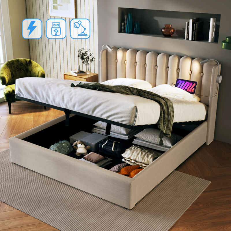 foto del prodotto letti contenitore 160 x 200 cm, con lampada da lettura, letti per adulti, biancheria, senza materasso, beige