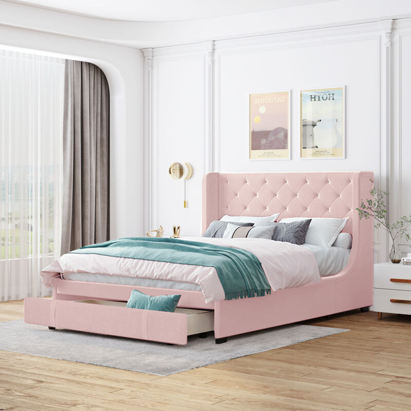 foto del prodotto letto imbottito 140 x 200 cm, letto matrimoniale per adulti, schienale e ampi cassetti, lino, senza materasso, rosa