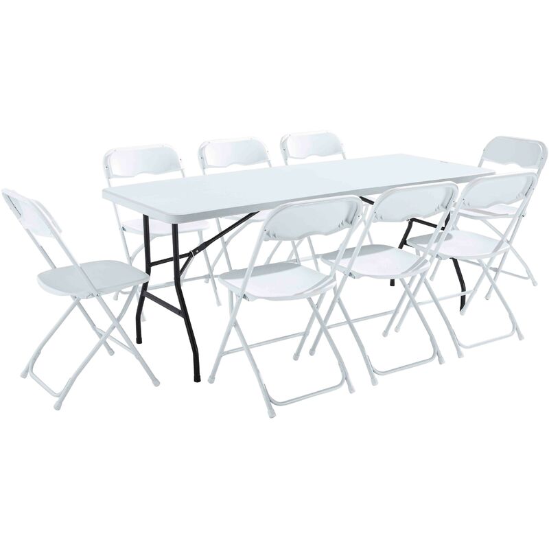 foto del prodotto rekkem tavolo e sedie pieghevoli da giardino 8 posti 180cm bianco