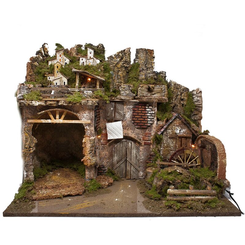 foto del prodotto rossi rosa paesaggio presepe casette e mulino con luci 60x35 cm 11214