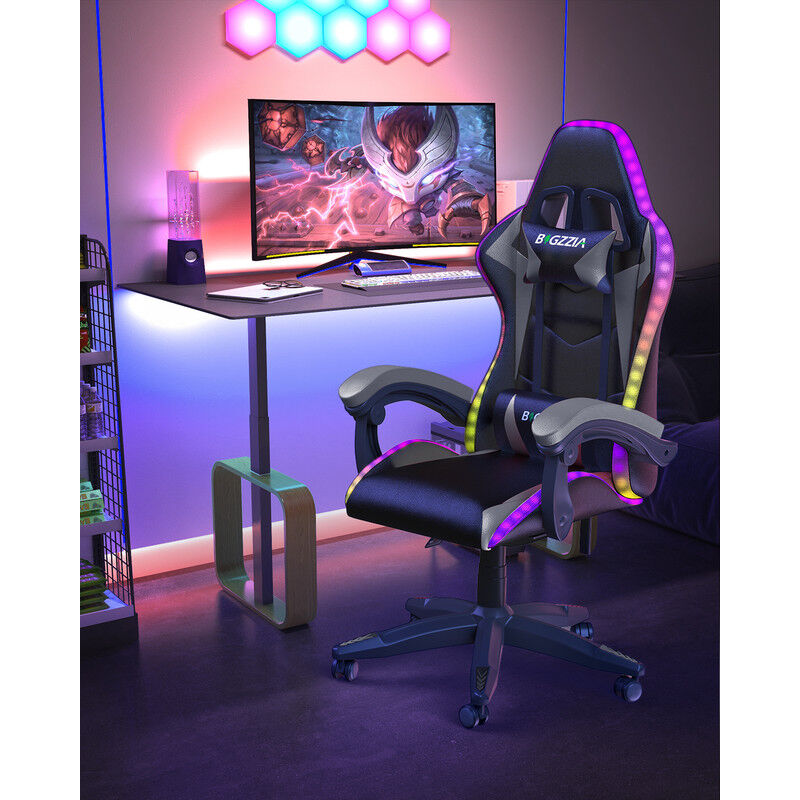 foto del prodotto bigzzia sedia gaming led sedia da gamer ergonomica schienale regolabile 90 135 con cuscino lombare poggiatesta portata 130 kg sedia