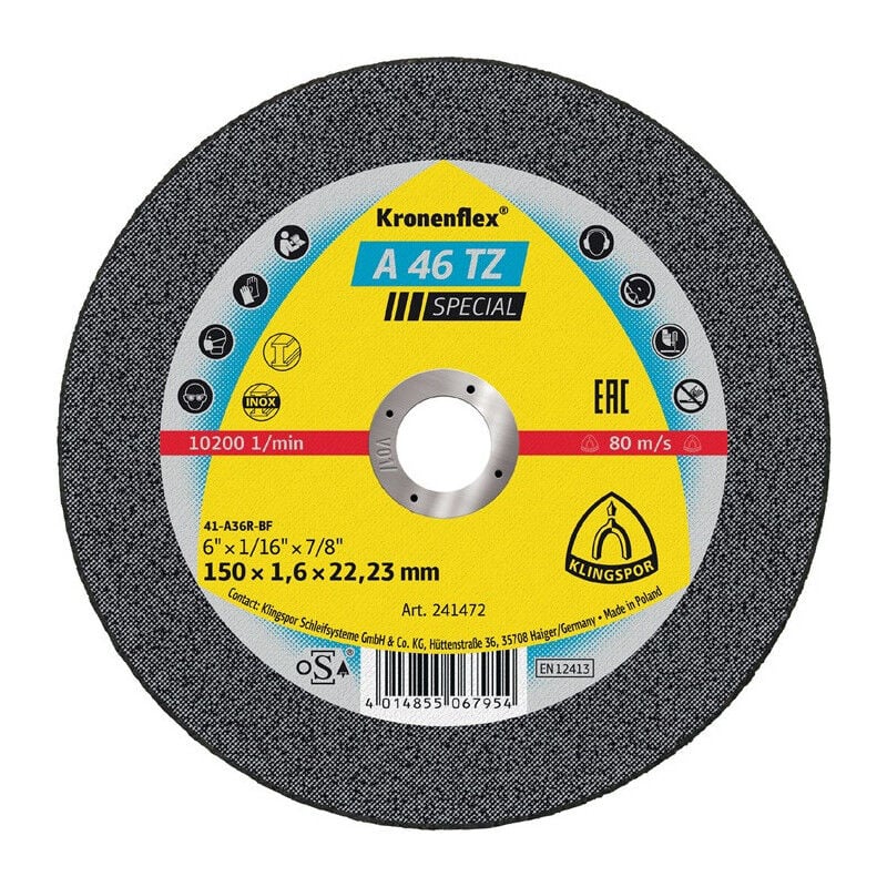 foto del prodotto klingspor disco da taglio a 46 tz special d150x1,6mm ger.inox bohr.22,23mm per 25 
