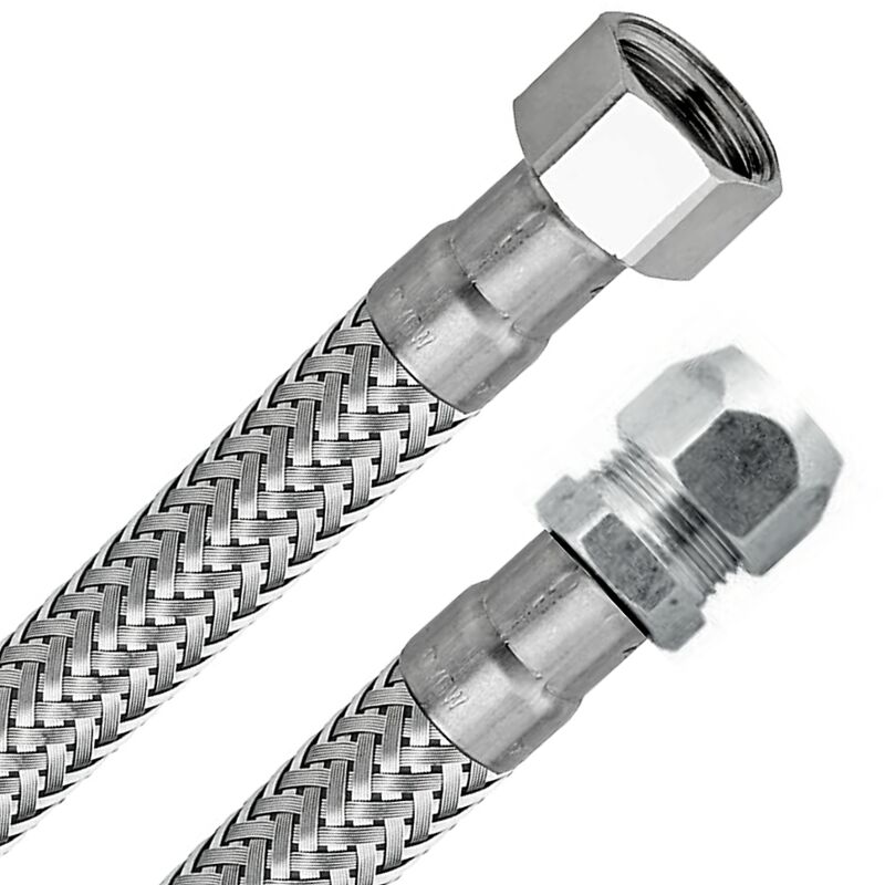 foto del prodotto 4605021 tubo flessibile idraulico bicono in acciaio inox 3 8 mf x 10 mm diametro del tubo mm x 150 cm, tubo di collegamento, tubo trecciato.